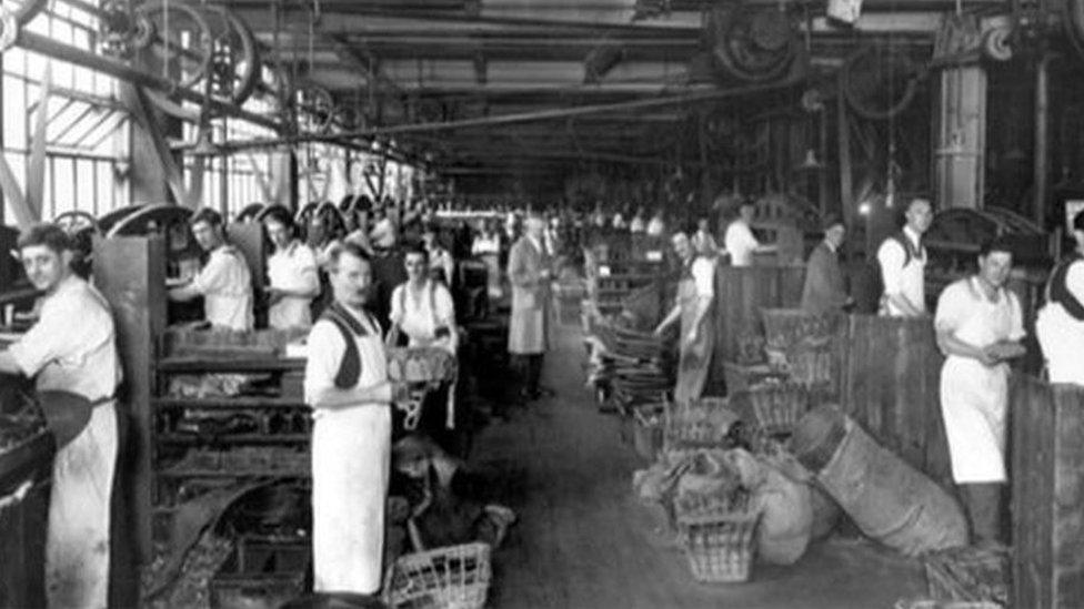 Men in Northampton shoemaking factory, early 1900s