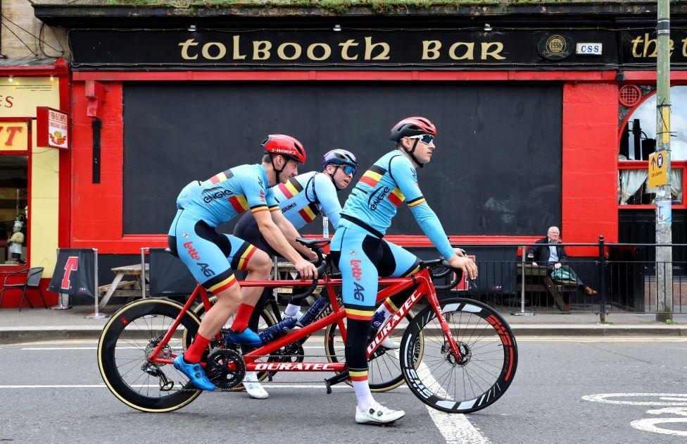 Members of the Belgian road cycling team go for a ride in the city centre of Glasgow