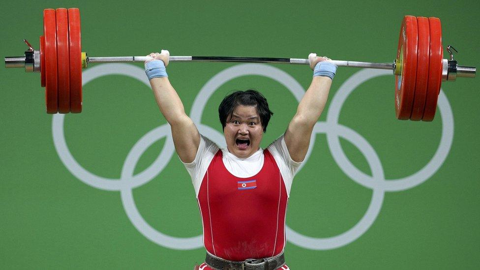 Kuk Hyang Kim (PRK) of North Korea competes in weightlifting at the Rio Olympics