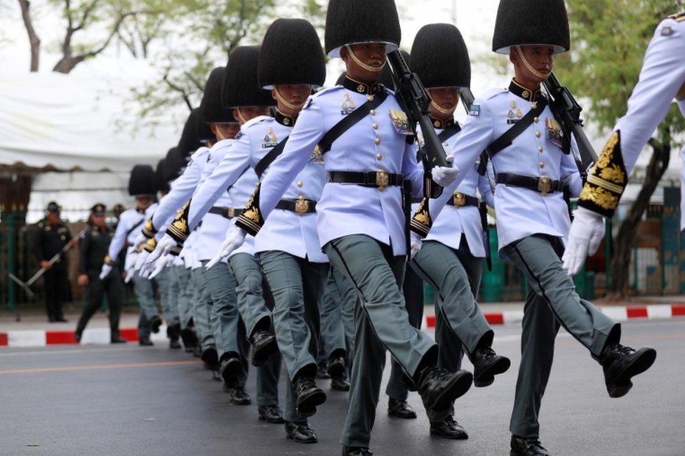 Royal Guards march during the coronation of King Maha Vajiralongkorn in Bangkok, 4 May