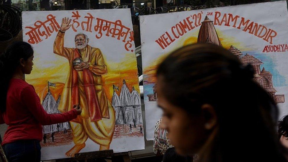 Students painting posters of the Chief Minister of Uttar Pradesh, Yogi Adityanath, Prime Minister Narendra Modi, Ram Mandir, and the Hindu god Ram