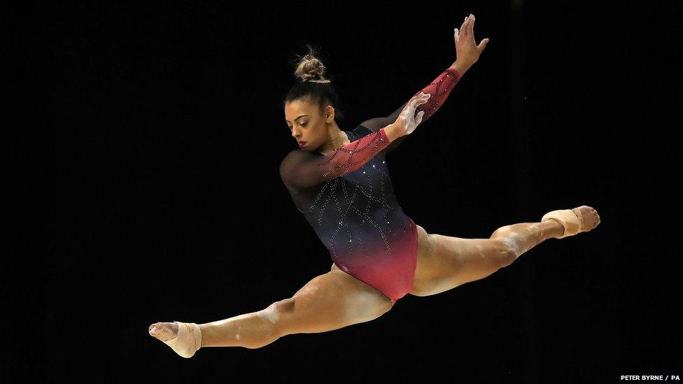 Ellie Downie mid-routine at the 2019 world gymnastics championships in Germany