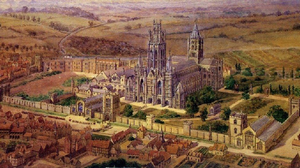 The Abbey of Bury St Edmunds in its heyday (artists impression by WK Hardy)