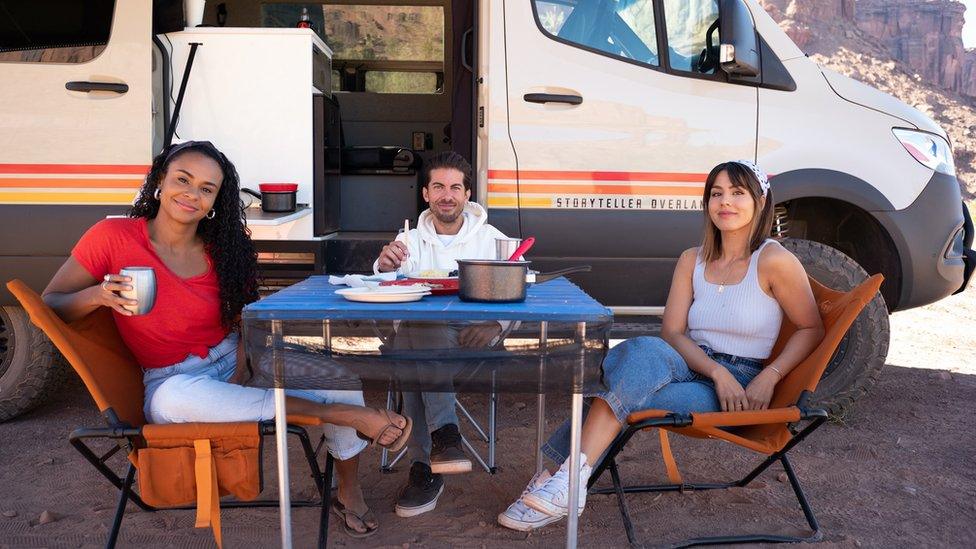 Hosts of Netflix's The World's Most Amazing Vacation Rentals, from left to right, Jo Franco, Luis Ortiz and Megan Batoon