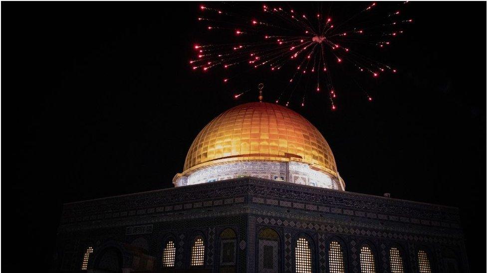 Fireworks at Masjid al-Aqsa at ceasefire ending the 11-day conflict.