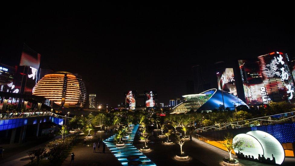 Qianjiang New Town performs light show to welcome the upcoming G20 Hangzhou Summit on 28 August 2016 in Hangzhou,