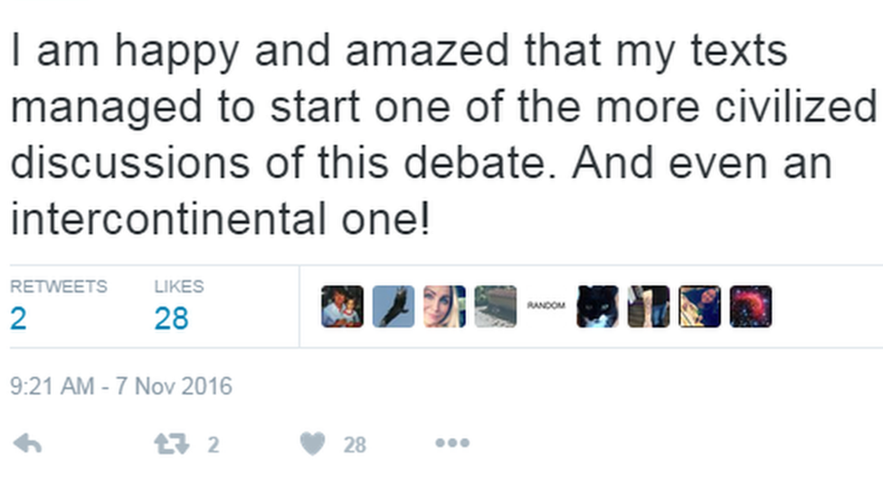 Johan Franklin's tweet saying he was glad to have started a debate