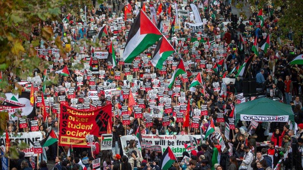 Protesters holding flags and banners walk through London