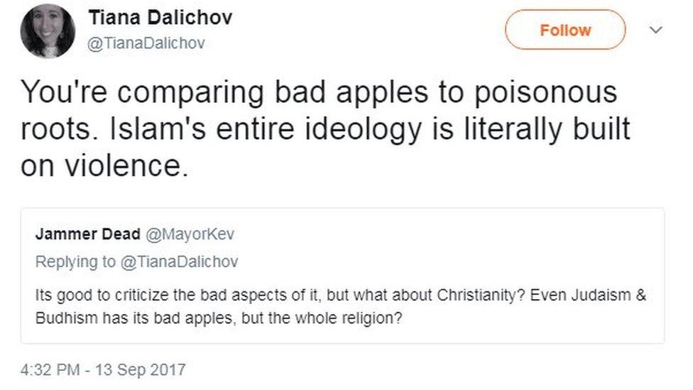 A screenshot of a Twitter post from Tiana Dalichov. It reads, "You're comparing bad apples to poisonous roots. Islam's entire ideology is literally built on violence".