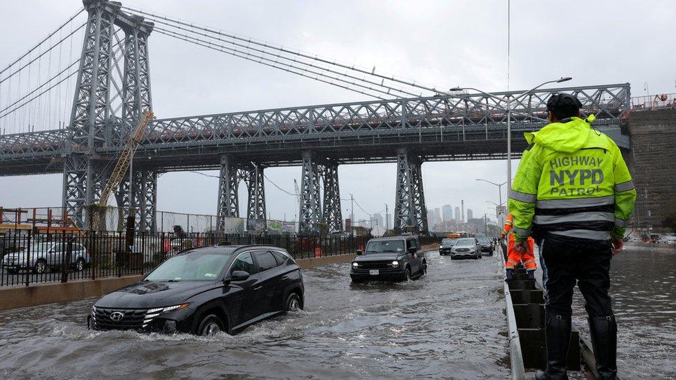 The Franklin D. Roosevelt Drive- one of the major roads that runs along the east side of Manhattan - was submerged under water on Friday.