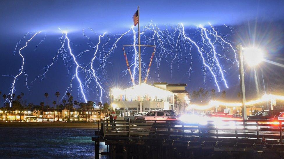 Extraordinary photo shows 10 lightning forks striking over a Santa Barbara wharf