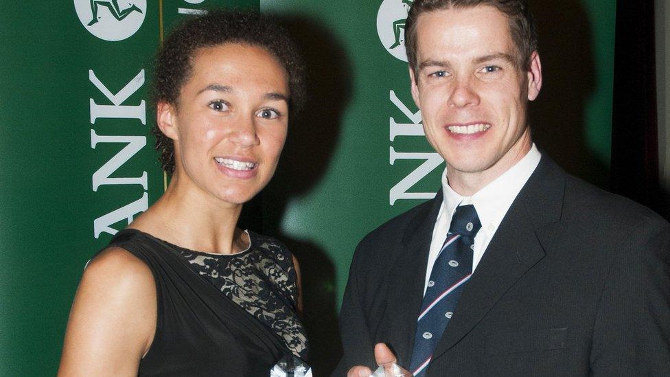 Tim Kneale and Catherine Reid being crowned Sportsman and Sportswoman of the Year at the 2015 Isle of Man Sports Awards