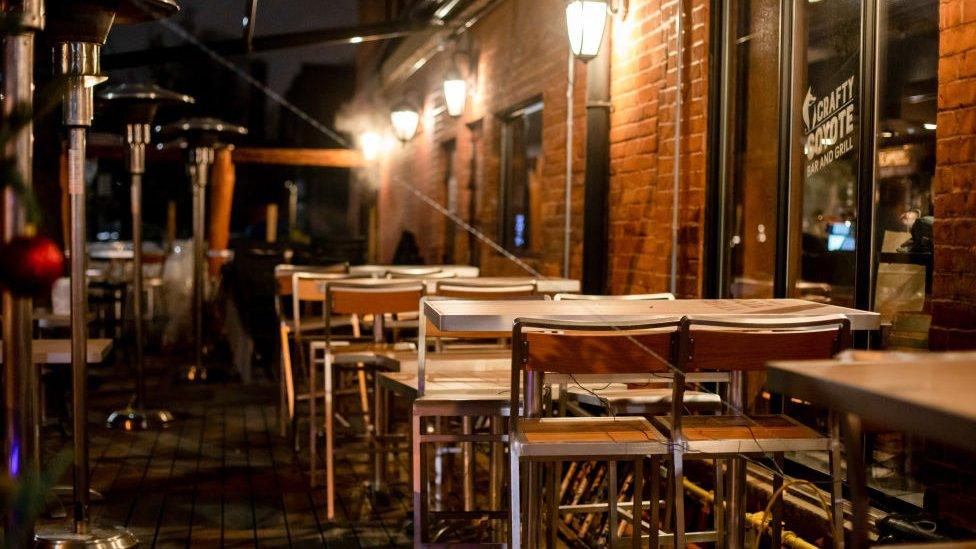 A restaurant patio sits empty due to covid lockdown measures