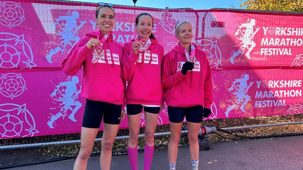 Yorkshire Marathon women winners - Melissah Gibson 1st (middle), Hannah Berry 2nd (left) and Jenny Blizard (right)