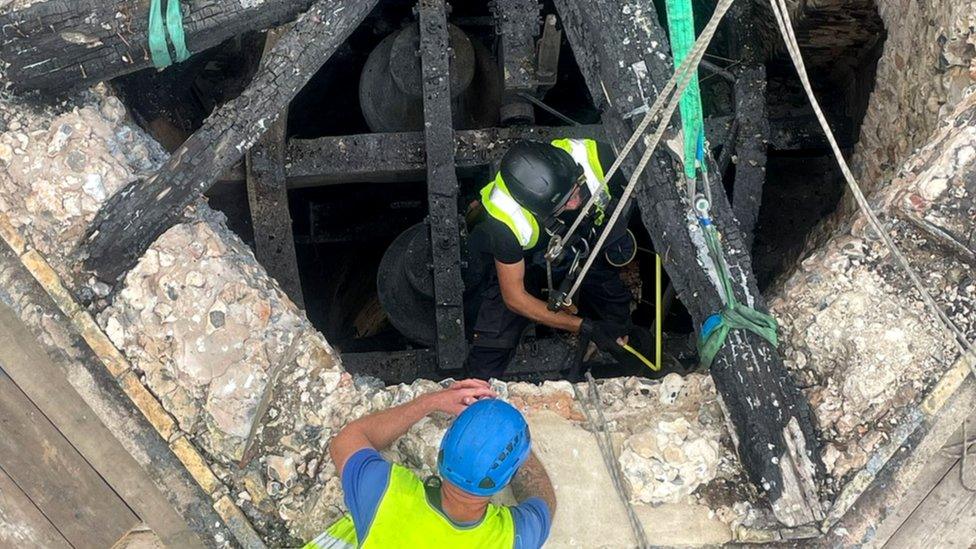 Blackened bell frame at St Mary's