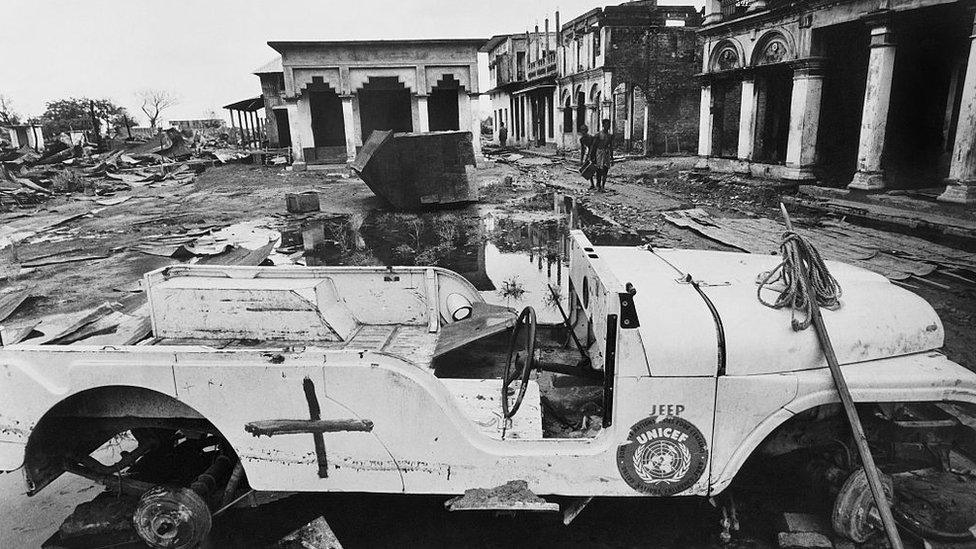 Picture taken on July 24, 1971 of a UNICEF jeep in the destroyed streets of Madhabpur during the Indo-Pakistani War of 1971.