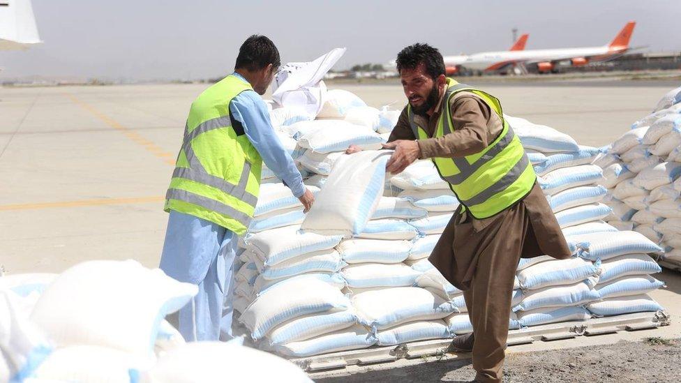 Pakistani cargo aircraft carrying humanitarian aid arrives at Hamid Karzai International Airport in Kabul