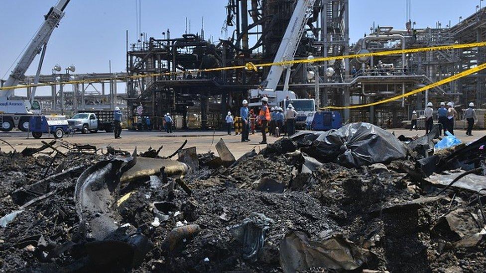 A destroyed installation in Saudi Arabia's Khurais oil processing plant