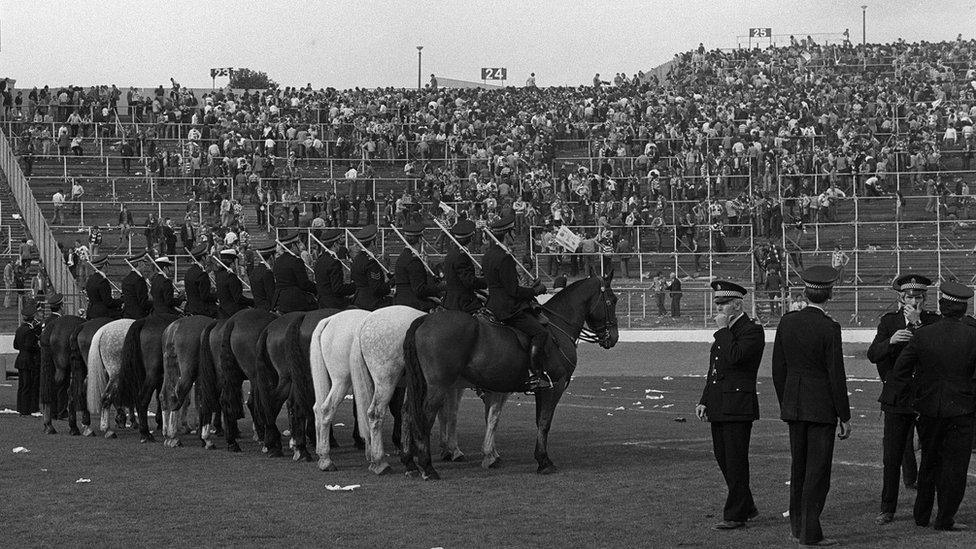 10th May 1980 Scottish FA Cup Final - Celtic v Rangers, Mounted police after the Celtic fans had been cleared from the pitch.