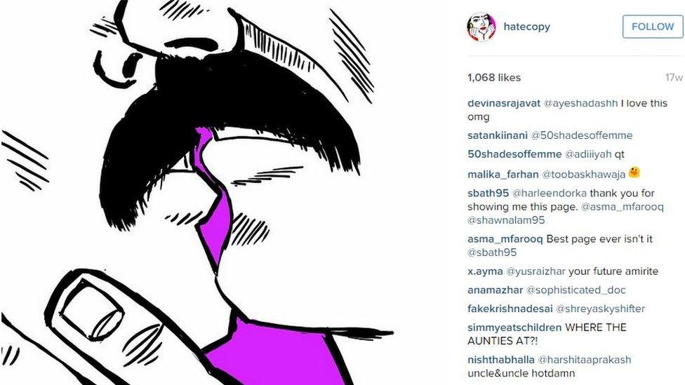 Instagram post showing two mustached men kissing with comments from fans including 'uncle and uncle, hot damn'