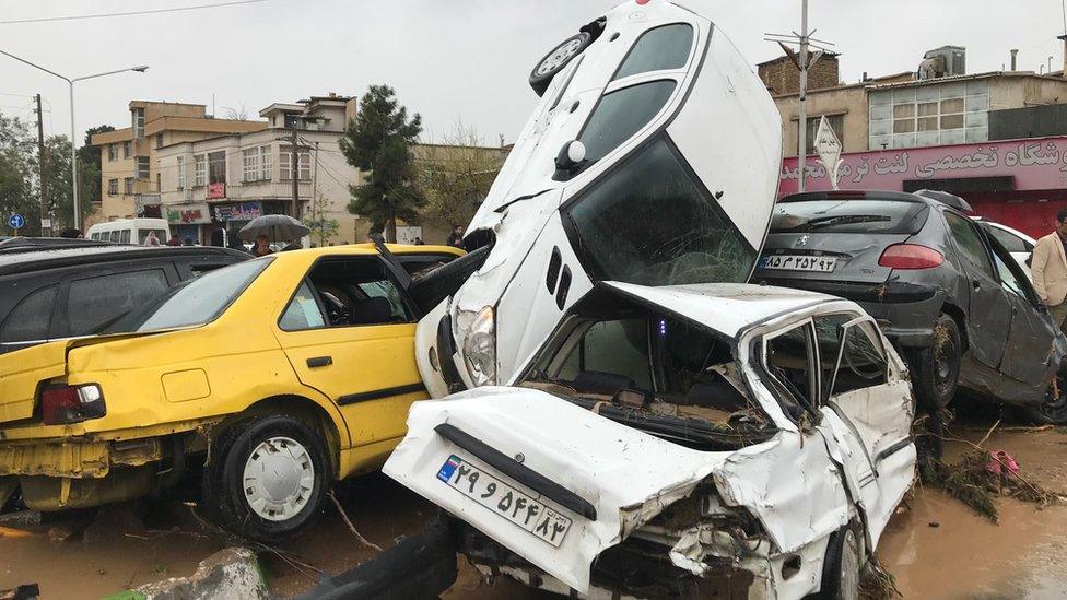 Iran's Mehr News agency shows cars piled up in a street in the southern city of Shiraz. 25 March 2019