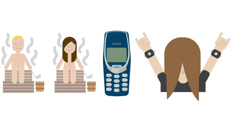 Three of the emojis representing people in a sauna, a Nokia 3310 and a headbanger