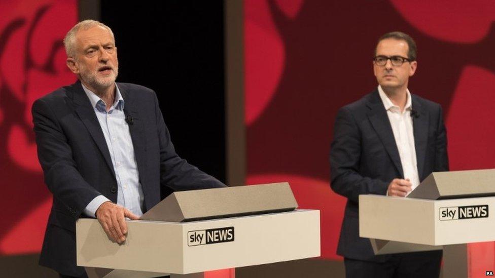 Jeremy Corbyn during a debate with his leadership rival Owen Smith