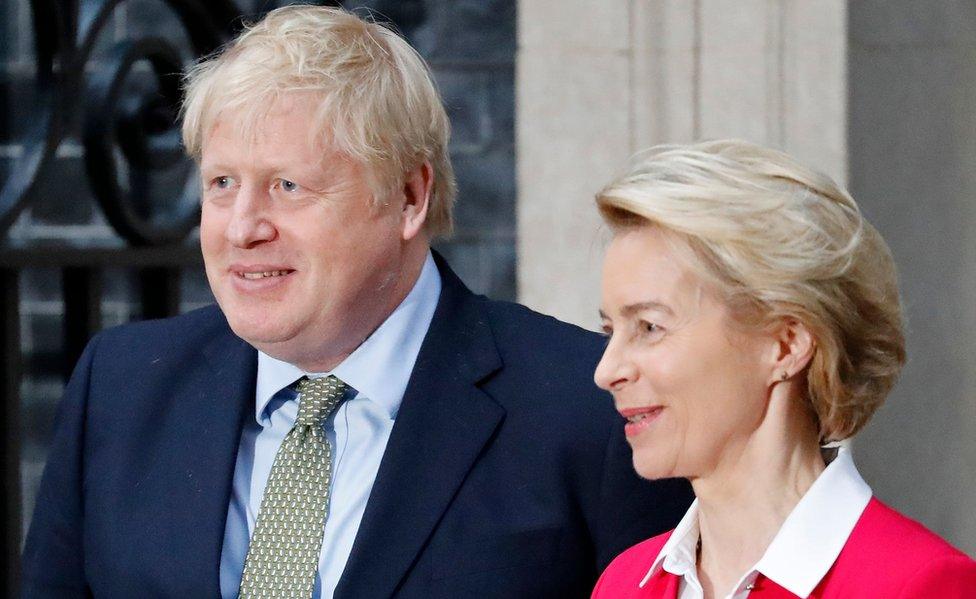 Boris Johnson and Ursula von der Leyen pose outside 10 Downing Street on 8 Jan 2020