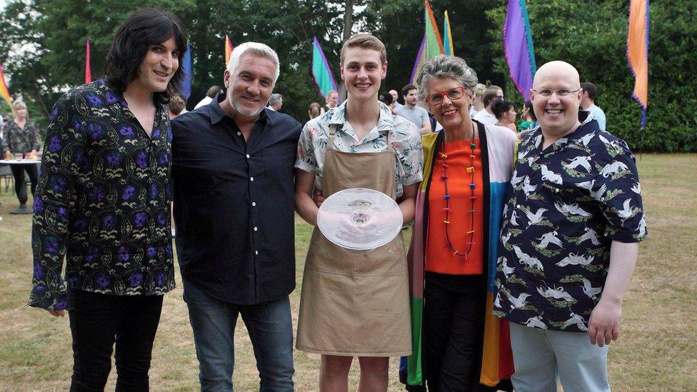 Noel Fielding, Paul Hollywood, Prue Leith and Matt Lucas with Peter Sawkins