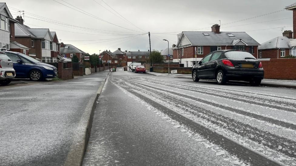 Icy road in Exeter