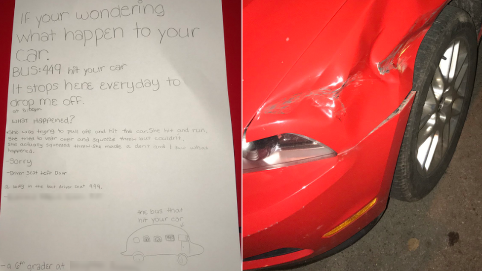 Note next to damaged car