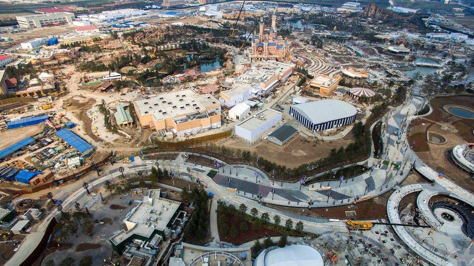 Shanghai Disney Resort from the air, showing large areas under construction. March 2016.