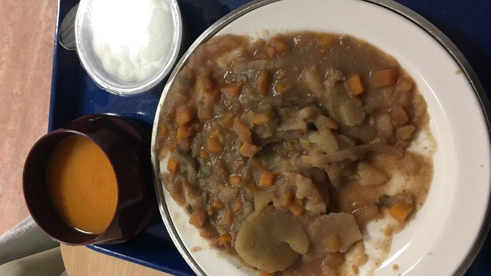 Lamb and vegetable stew served with carrot soup and a trifle