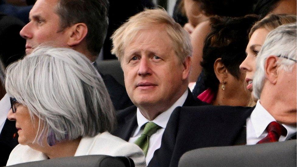 Britain"s Prime Minister Boris Johnson reacts during Queen Elizabeth"s Platinum Party, at Buckingham Palace, in London, Britain