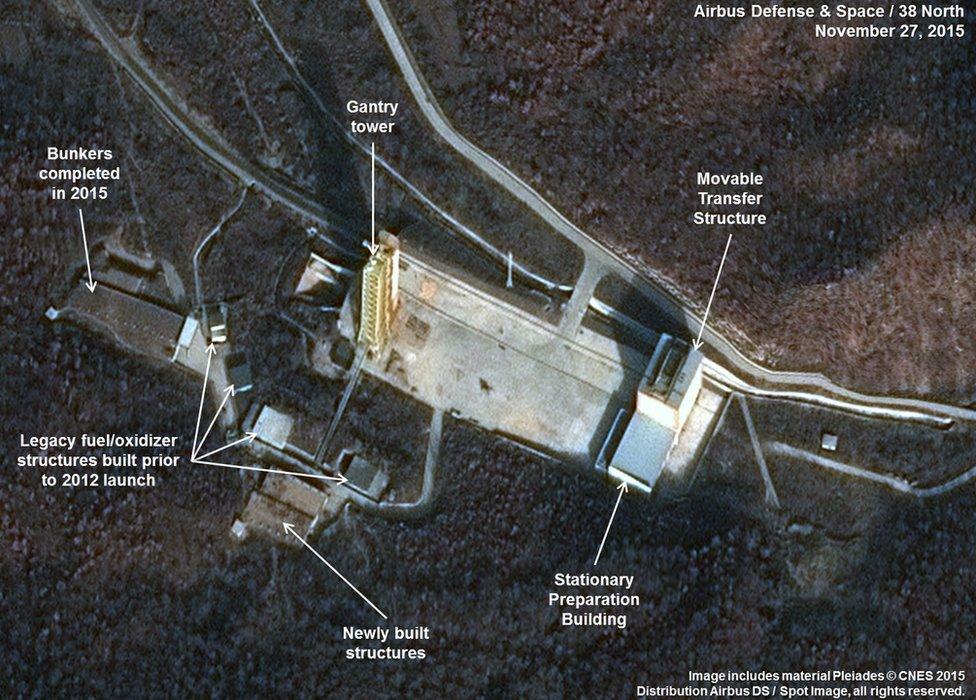 Satellite image released by Airbus Defense & Space and 38 North showing the construction of new propellant bunkers at the launch pad and engine test stand at the Sohae Satellite Launching Station in North Korea on 27 November 2015 (09 December 2015)