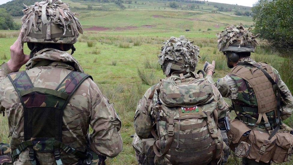 Welsh Guards training at the Sennybridge training area, Powys, Wales, United Kingdom. - stock photo