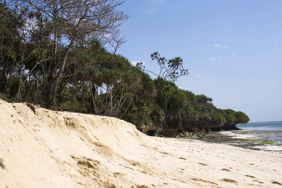 A beach in Tiwi, along Kenya's coast, where sand dredging just beyond the reef has caused the beach to subside and start to disappear. This beach is a key nesting ground for sea turtles