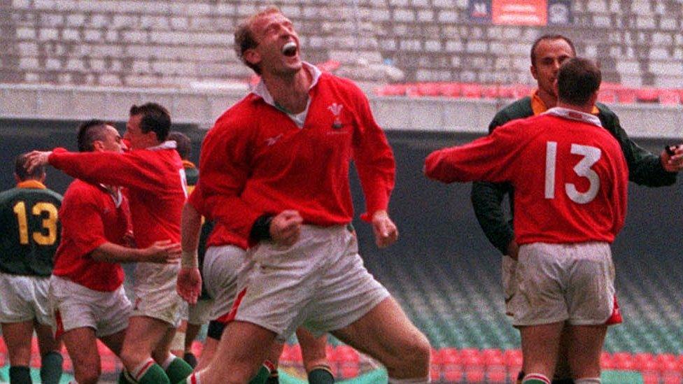 Gareth Thomas celebrates as Wales beat South Africa in June, 1999