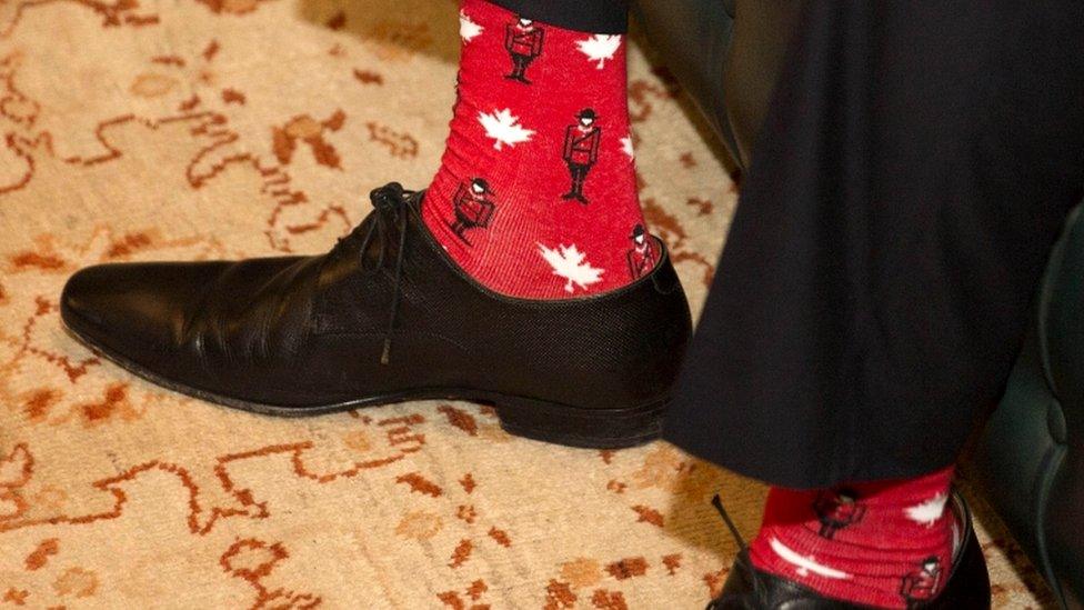 Canadian patterned socks worn by Irish Taoiseach Leo Varadkar, during a visit by the Canadian Prime Minister Justin Trudeau to Farmleigh House in Dublin, 4 July 2017