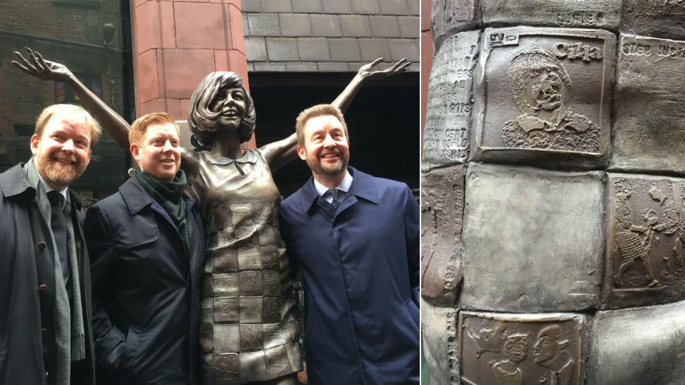 Cilla Black's sons with the statue and a close-up of the statue