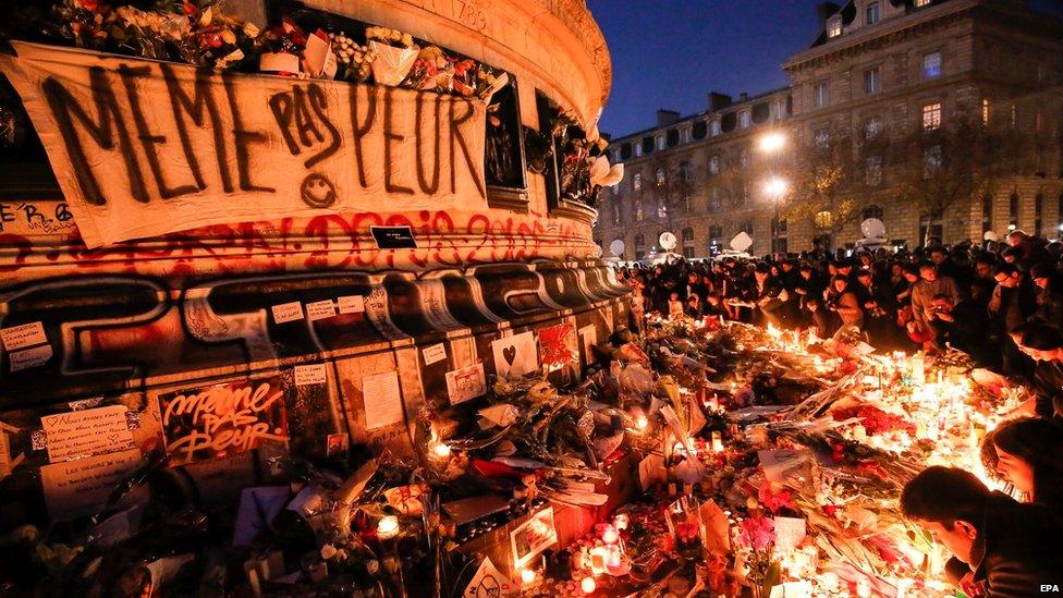 "Not even afraid" sign at the Place de la Republique