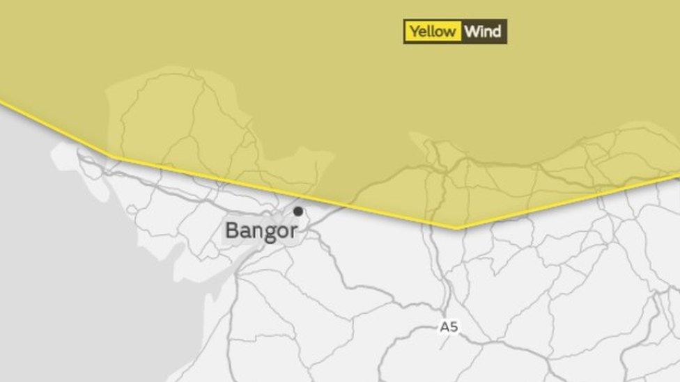 Map showing Anglesey and north Wales coast marking yellow wind warning from Met Office in force on Friday