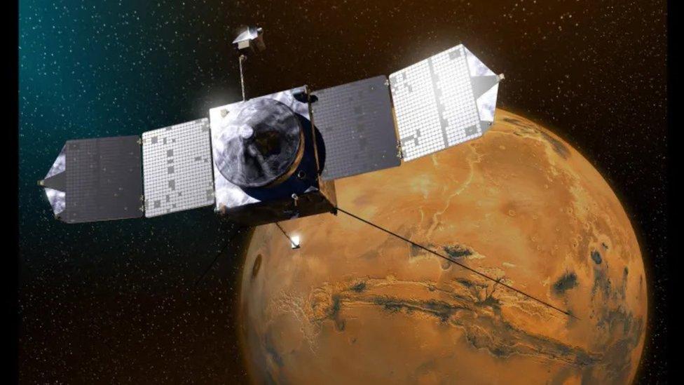 An artists impression of MAVEN orbiting Mars