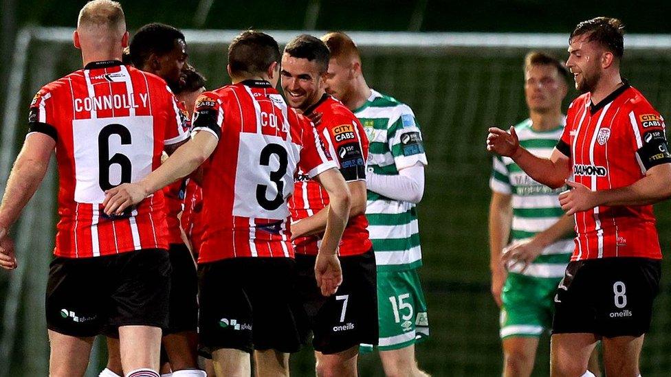 Michael Duffy celebrates scoring for Derry in Friday's night's game at the Brandywell