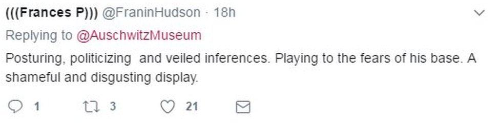 Tweet: "Posturing, politicising and veiled inferences. Playing to the fears of the base. A shameful and disgusting display."