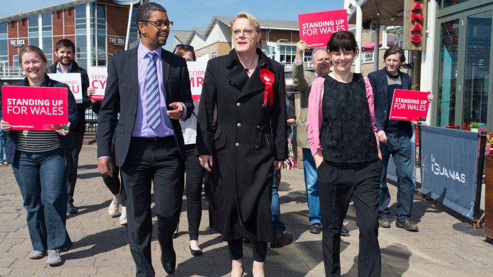 Vaughan Gething, Eddie Izzard and Sarah Merry