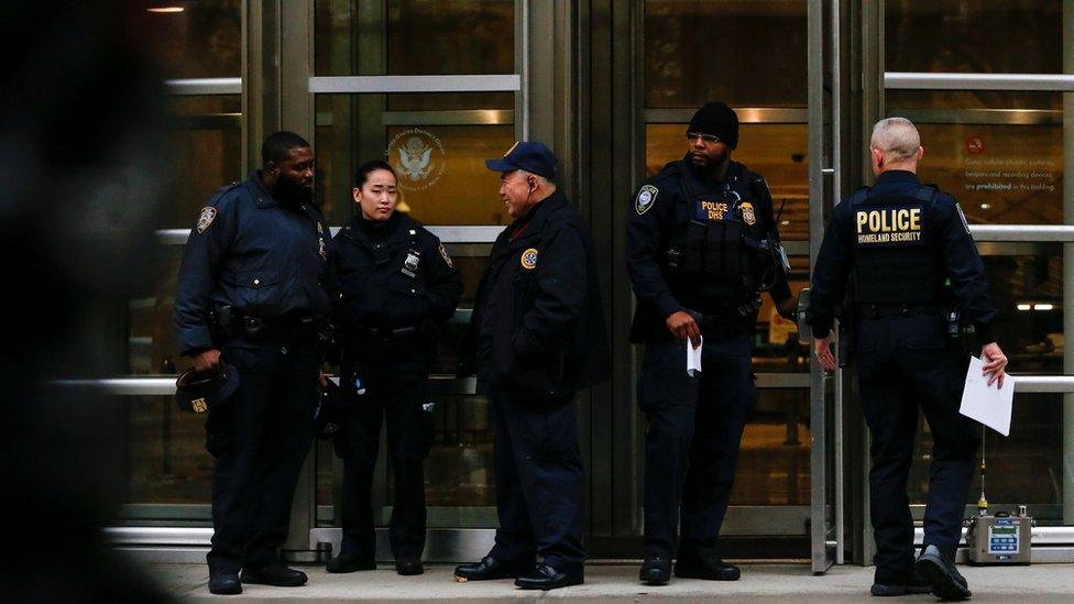 Police outside Brooklyn court during the El Chapo Guzman trial jury selection