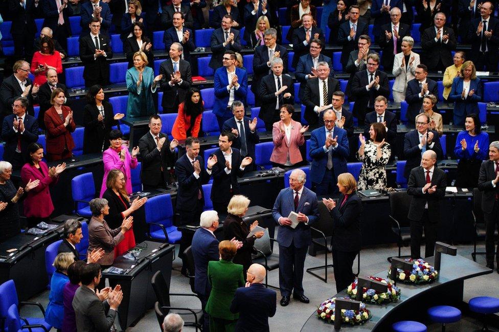 King Charles III and the Queen Consort during a visit to the Bundestag, the German federal parliament, Berlin