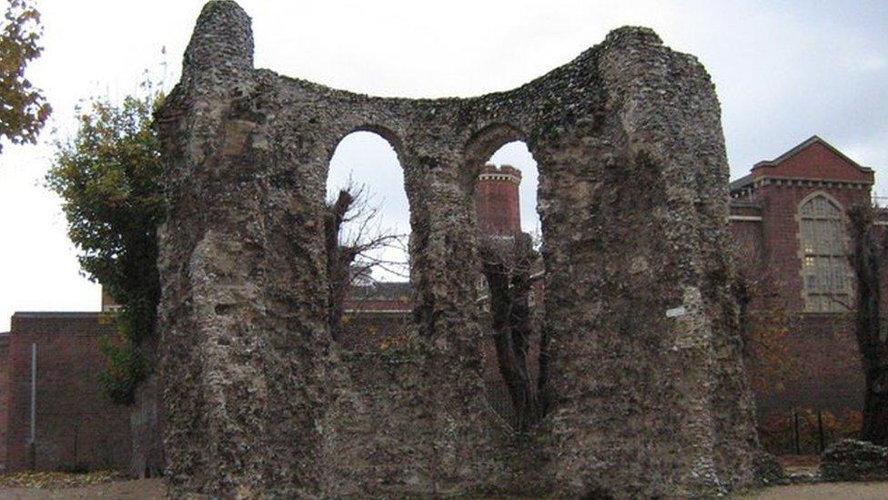 Abbey ruins, with prison behind