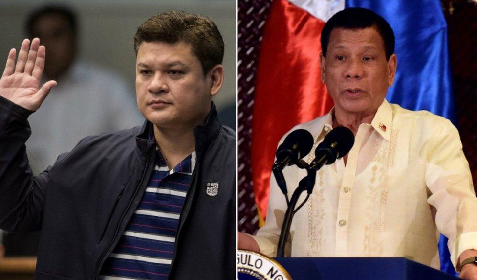 Split collage of his son Paolo in court swearing oath and the President giving a speech at a podium